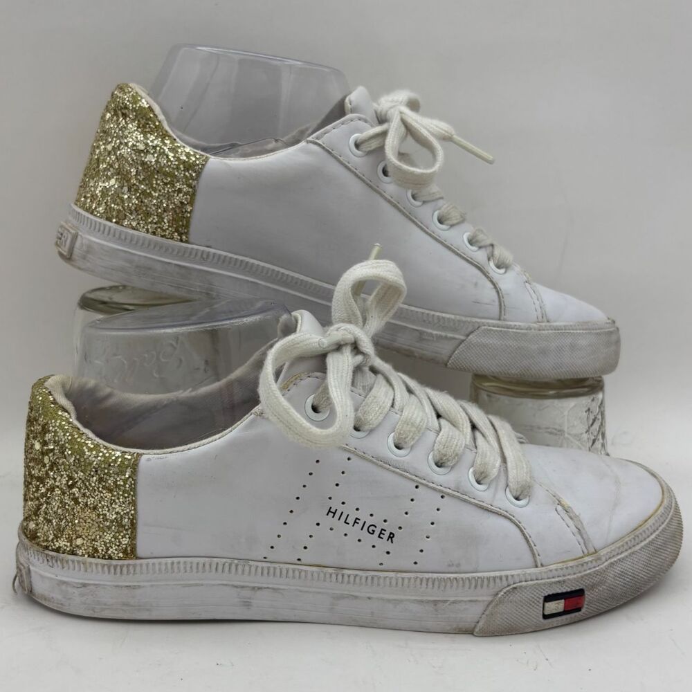 Tommy Hilfiger Lune-R Womens Sneakers Size 6.5 White Gold Glitter Low Top Shoes